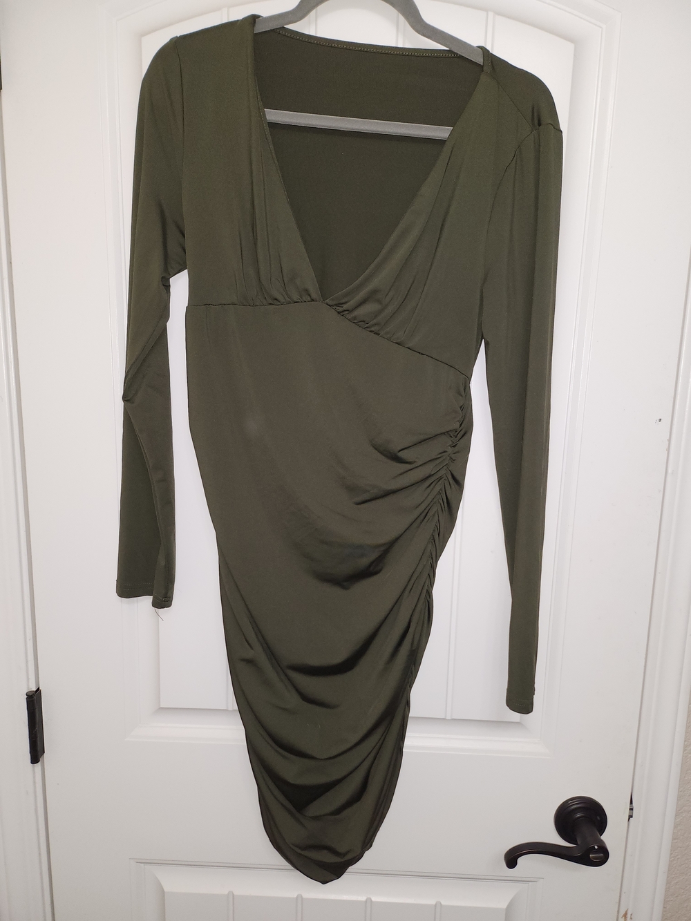 Women's Olive Green Ruched Long Sleeve Bodycon Dress